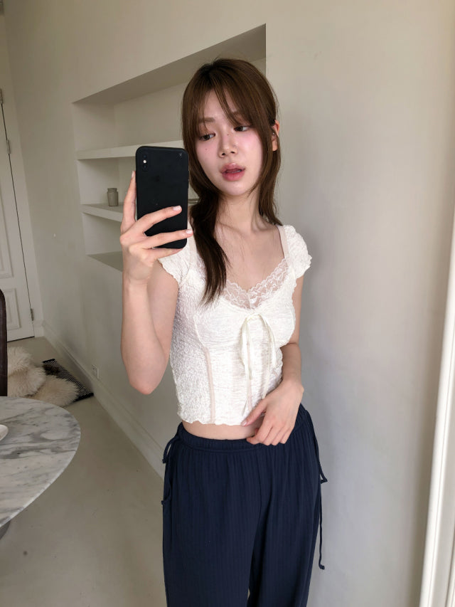 皺皺蕾絲邊細節綁帶上衣