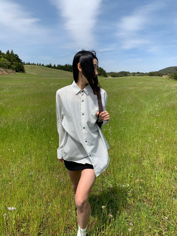 輕薄條紋撞色寬鬆襯衫