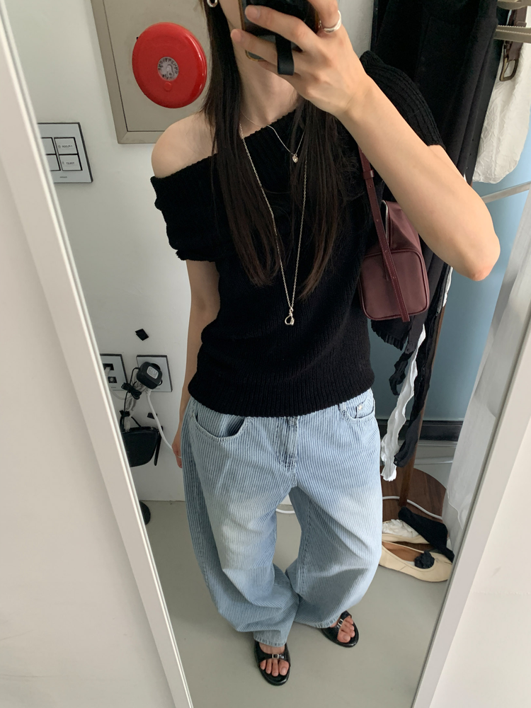 暗條紋細節闊牛仔褲