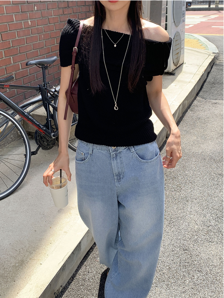 暗條紋細節闊牛仔褲