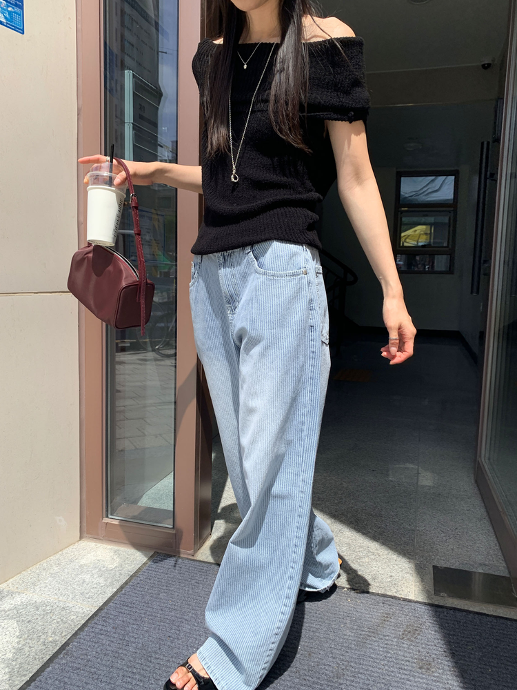 暗條紋細節闊牛仔褲