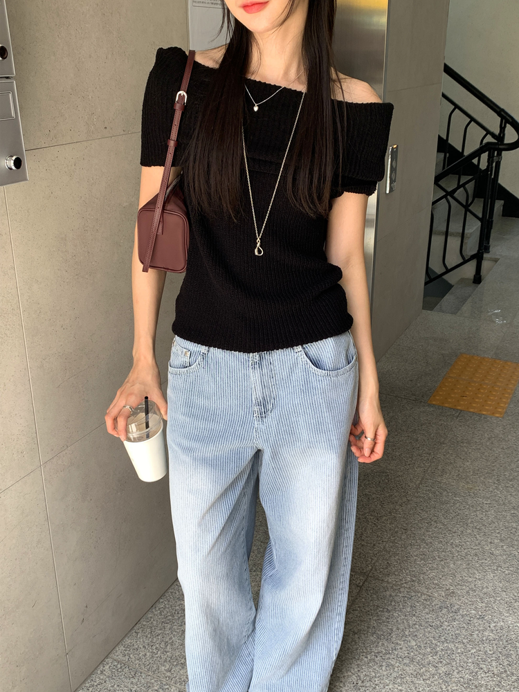 暗條紋細節闊牛仔褲