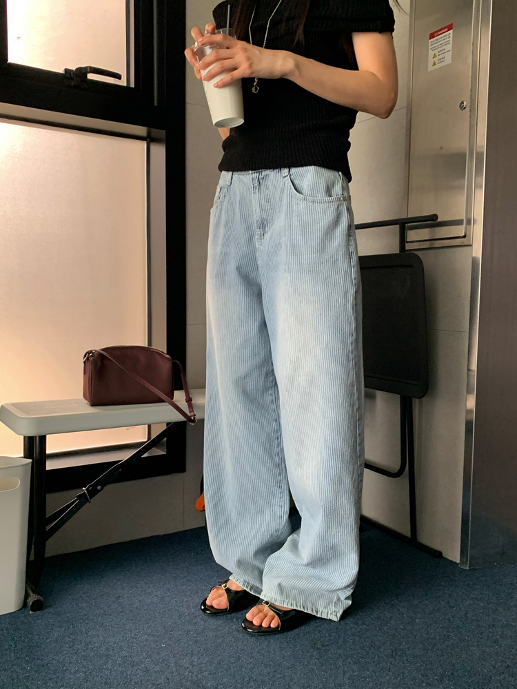 暗條紋細節闊牛仔褲