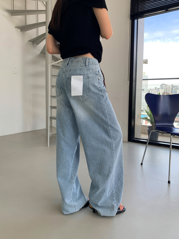暗條紋細節闊牛仔褲