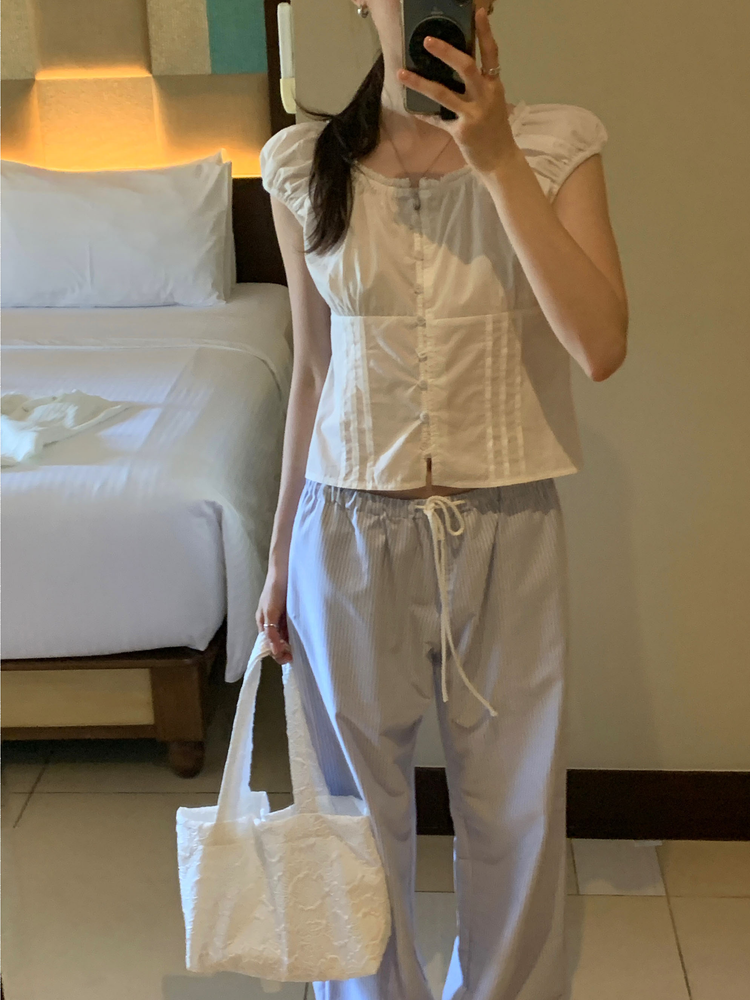 休閒感條紋垂帶直褲