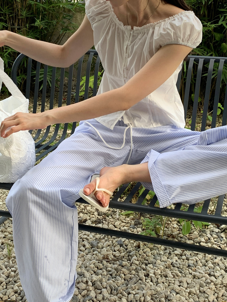 休閒感條紋垂帶直褲