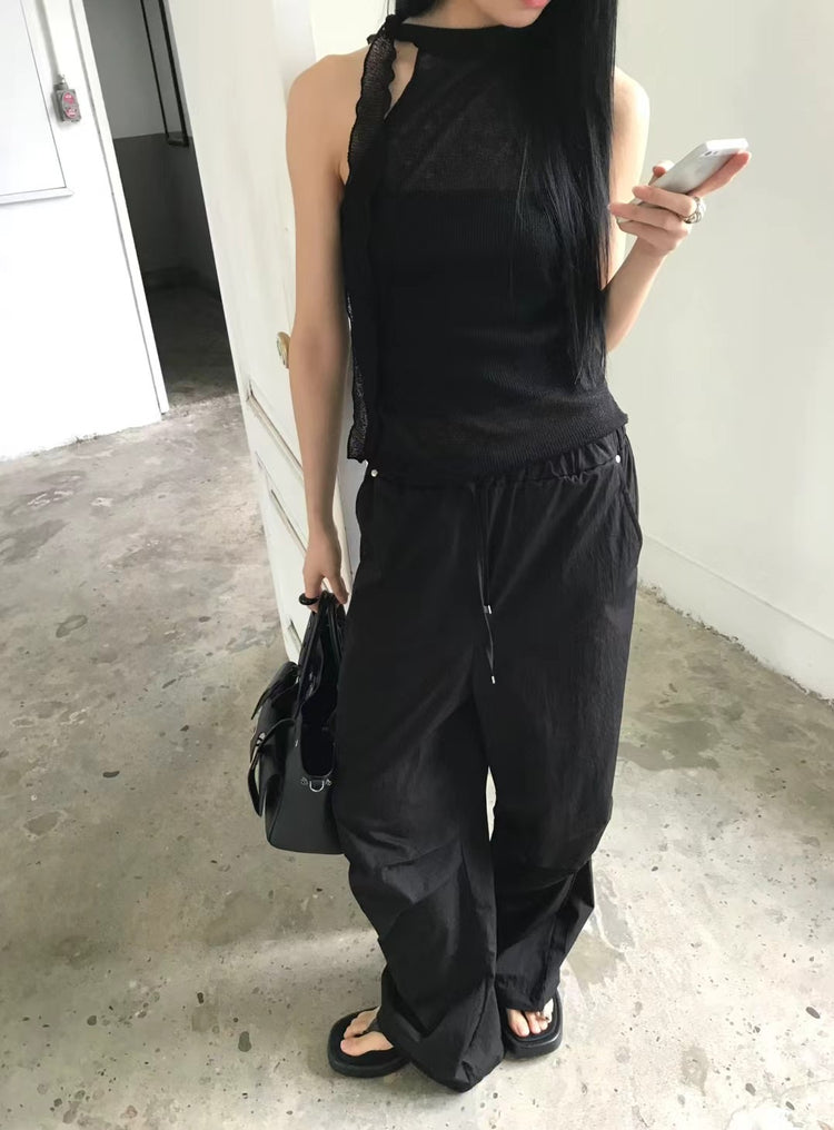 微透美肩綁帶細節背心