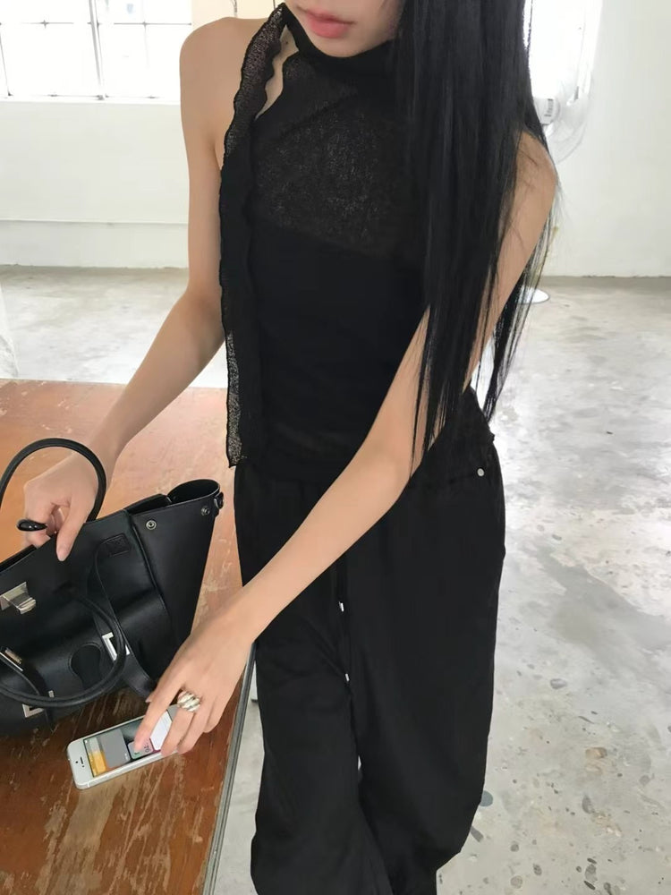 微透美肩綁帶細節背心