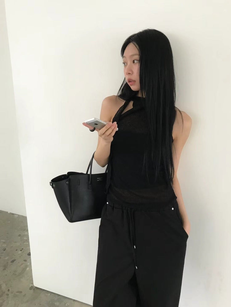 微透美肩綁帶細節背心