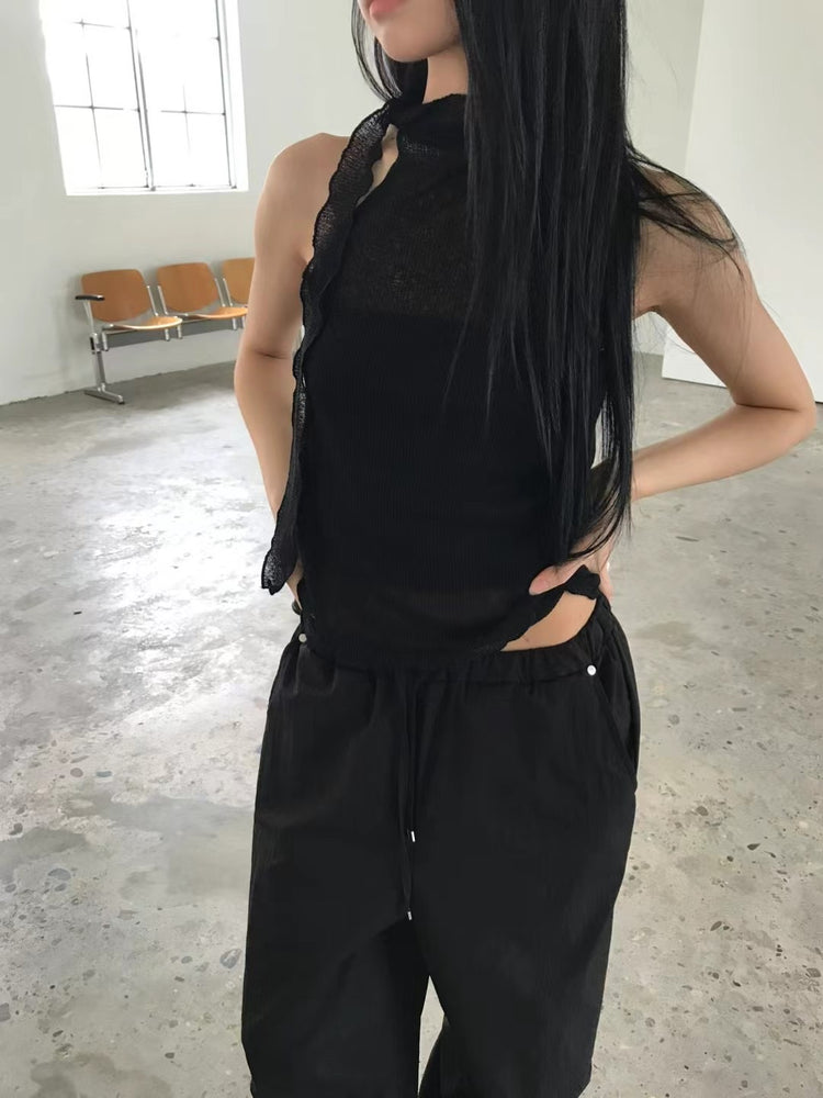 微透美肩綁帶細節背心