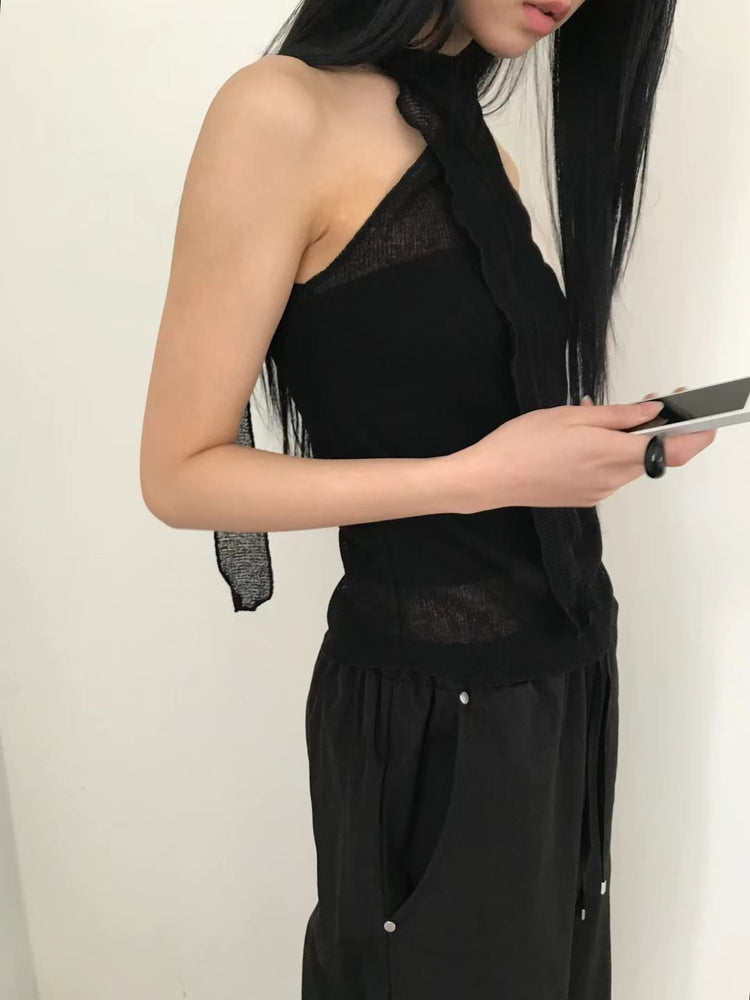 微透美肩綁帶細節背心