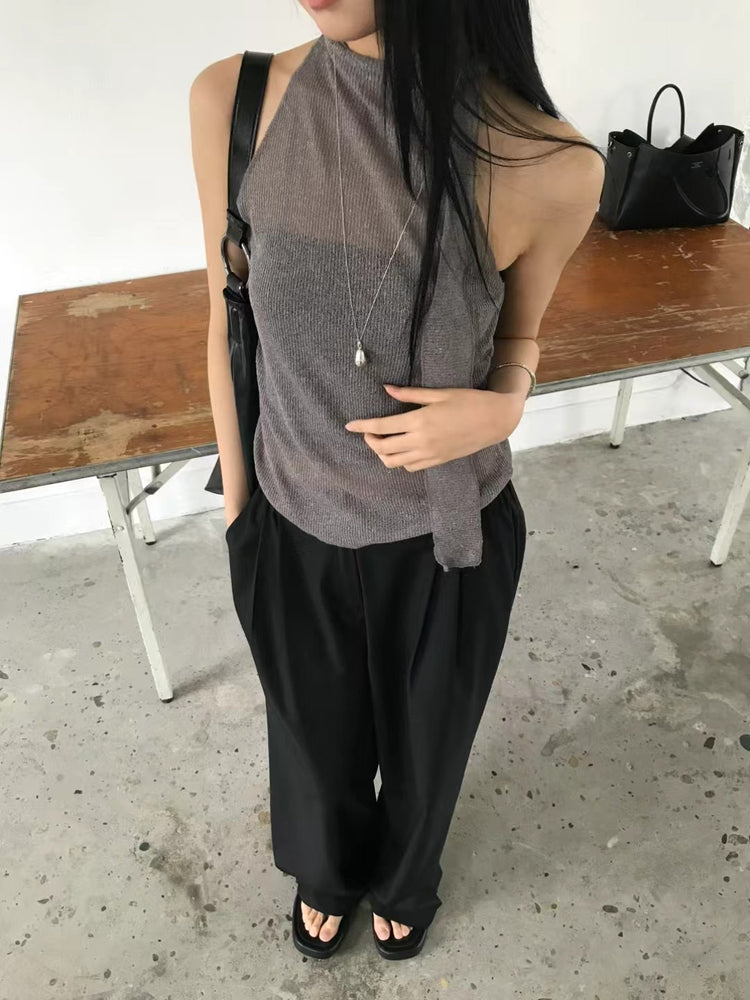 微透美肩綁帶細節背心