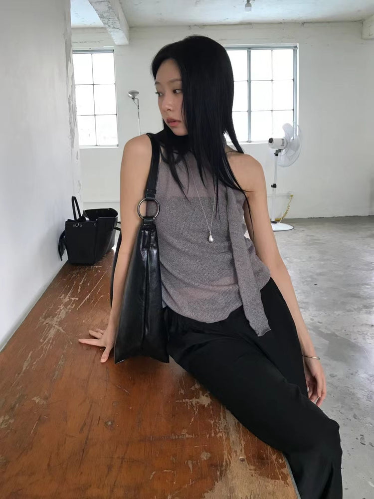 微透美肩綁帶細節背心