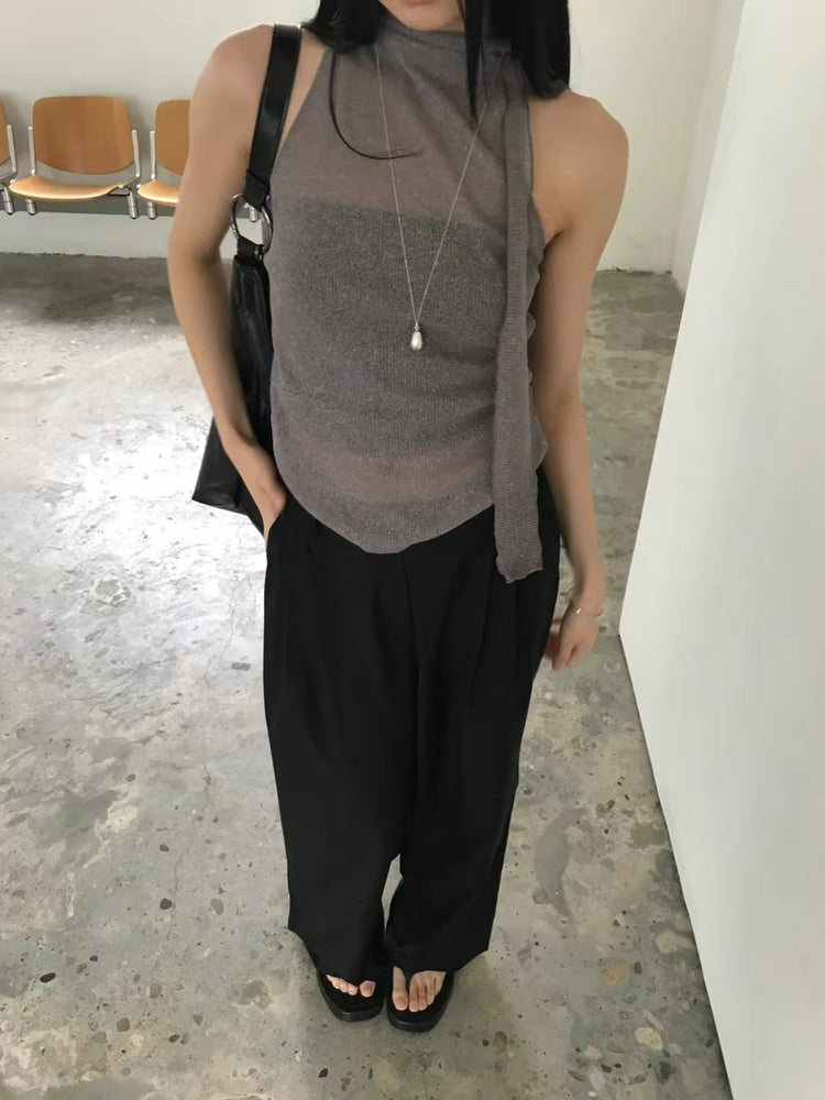 微透美肩綁帶細節背心