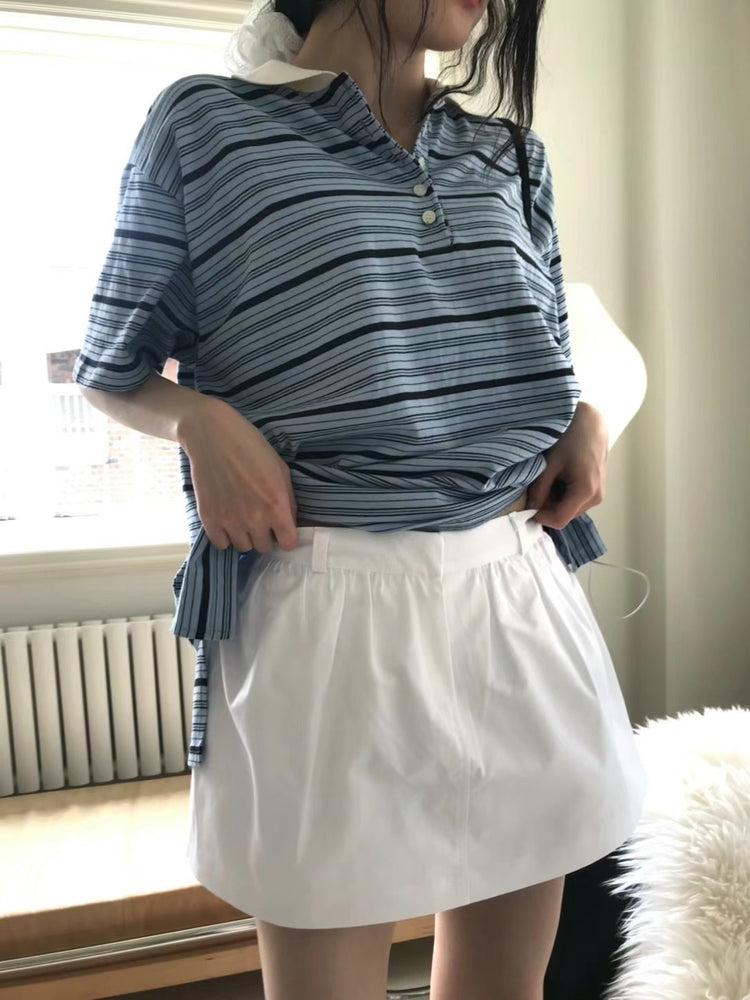 Polo領撞色條紋細節休閒上衣