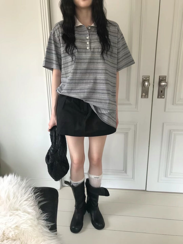 Polo領撞色條紋細節休閒上衣