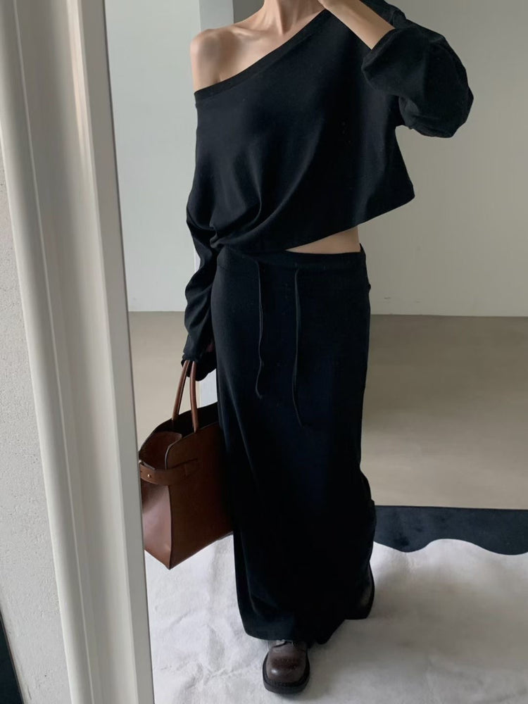 美肩船領短版美臀直裙套裝