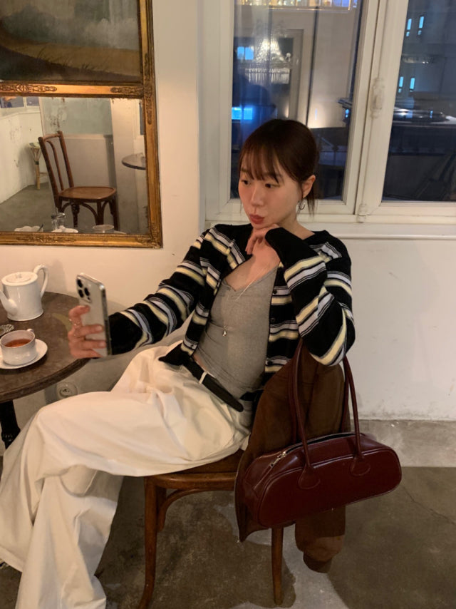 撞色條紋排鈕針織衫
