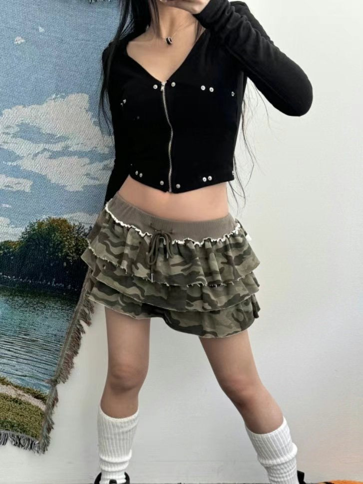 金屬釘拉鏈修腰連帽上衣