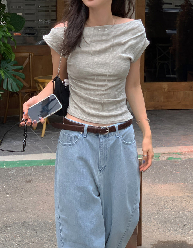美肩抓皺綁帶細節上衣
