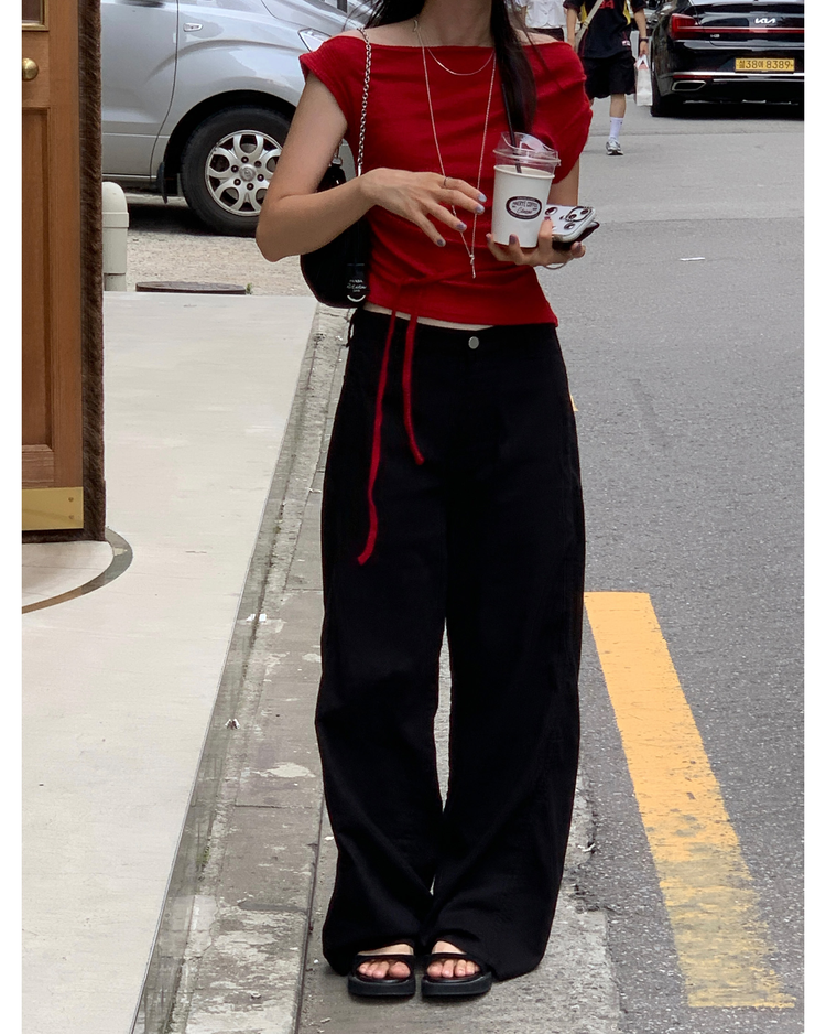美肩抓皺綁帶細節上衣