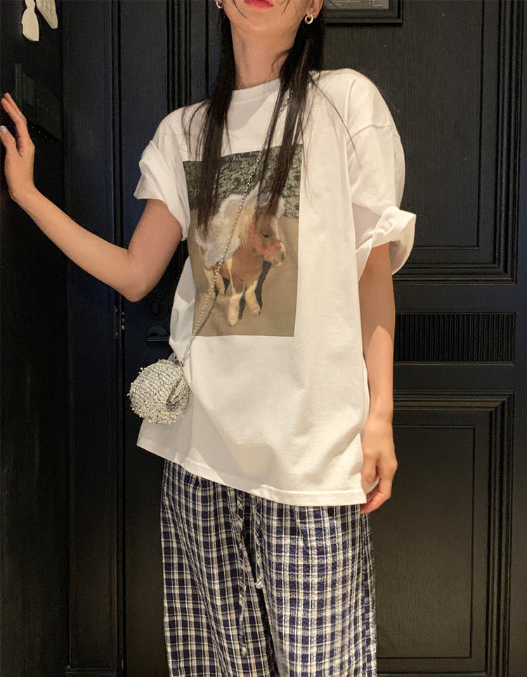 休閒小馬圖案寬鬆上衣
