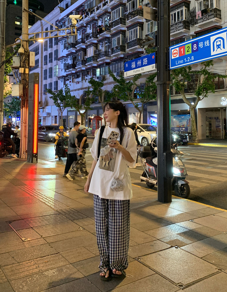 復古格紋休閒直褲