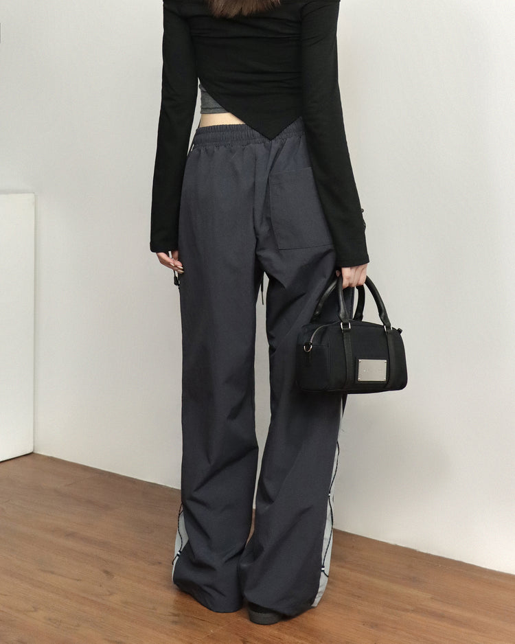UNISEX 撞色側綁帶細節工裝褲-深灰