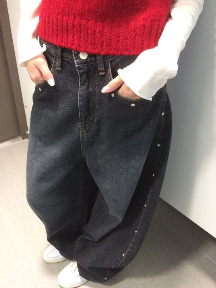 復古側鉚釘細節繭型褲