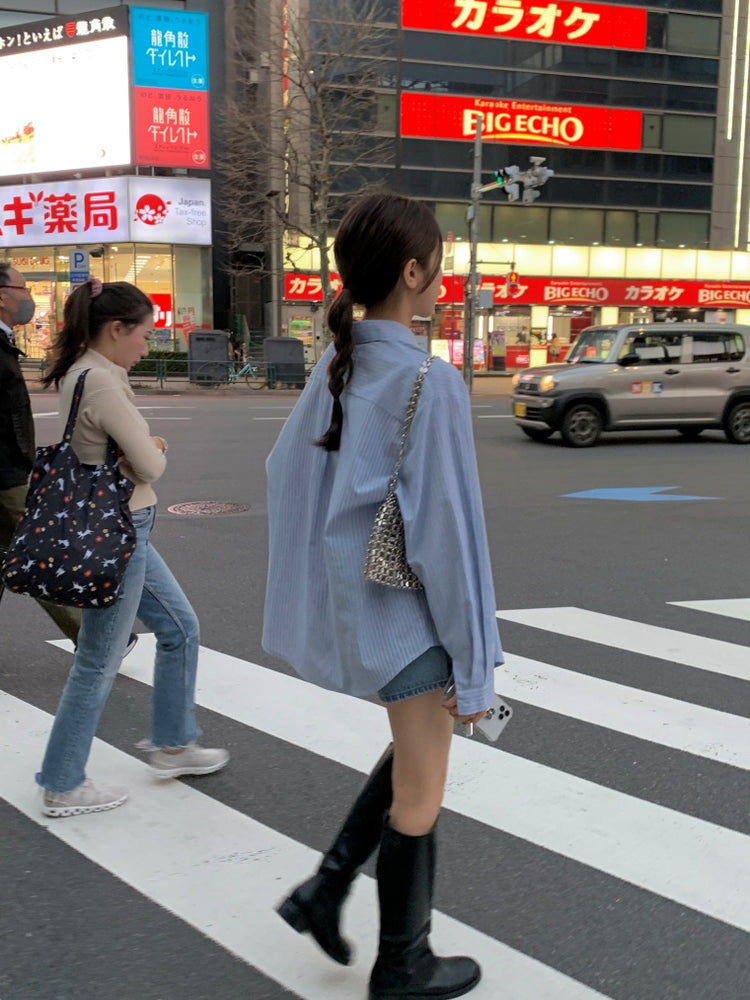 高質撞色條紋寬鬆襯衫