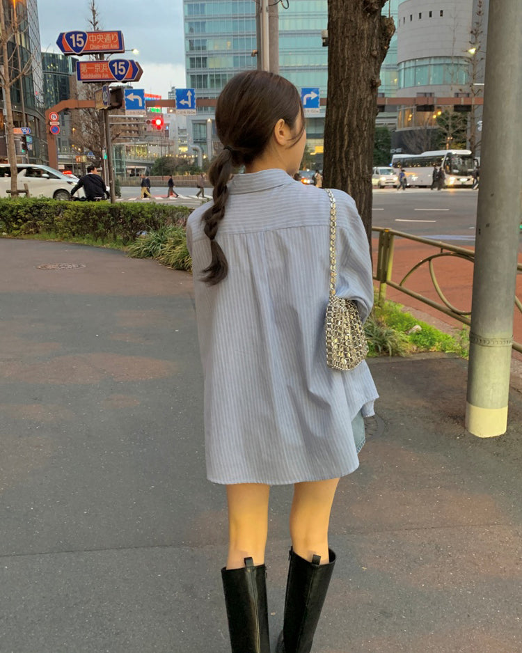 高質撞色條紋寬鬆襯衫