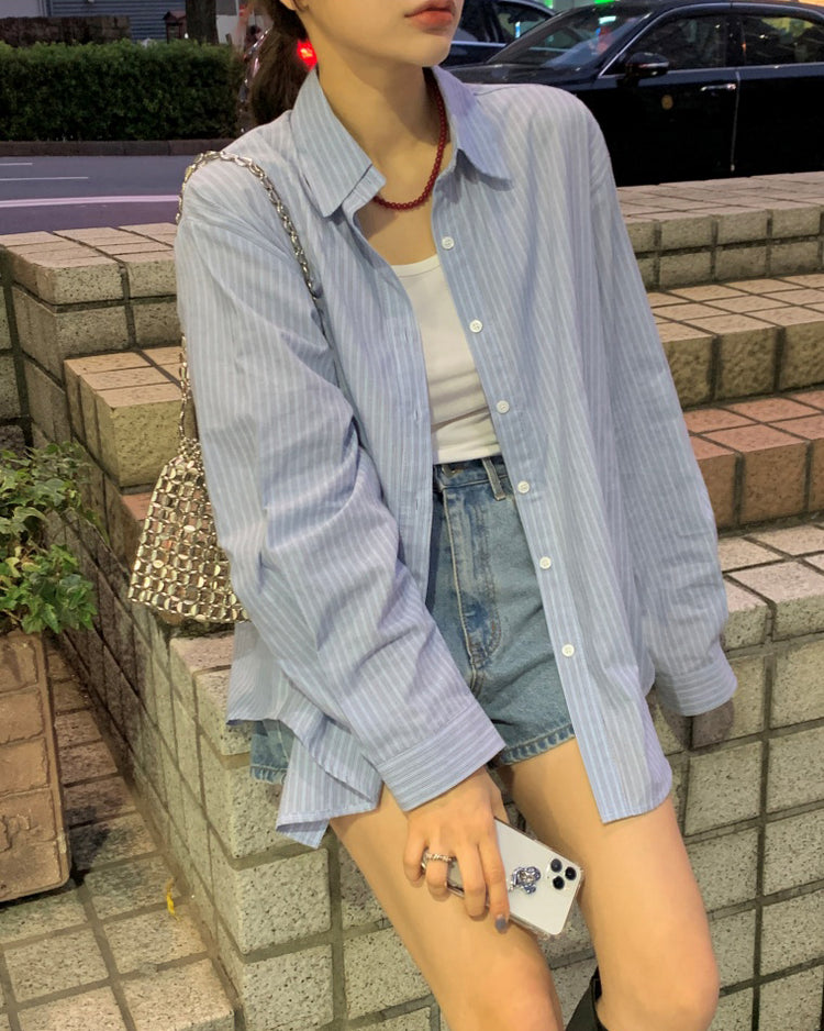 高質撞色條紋寬鬆襯衫