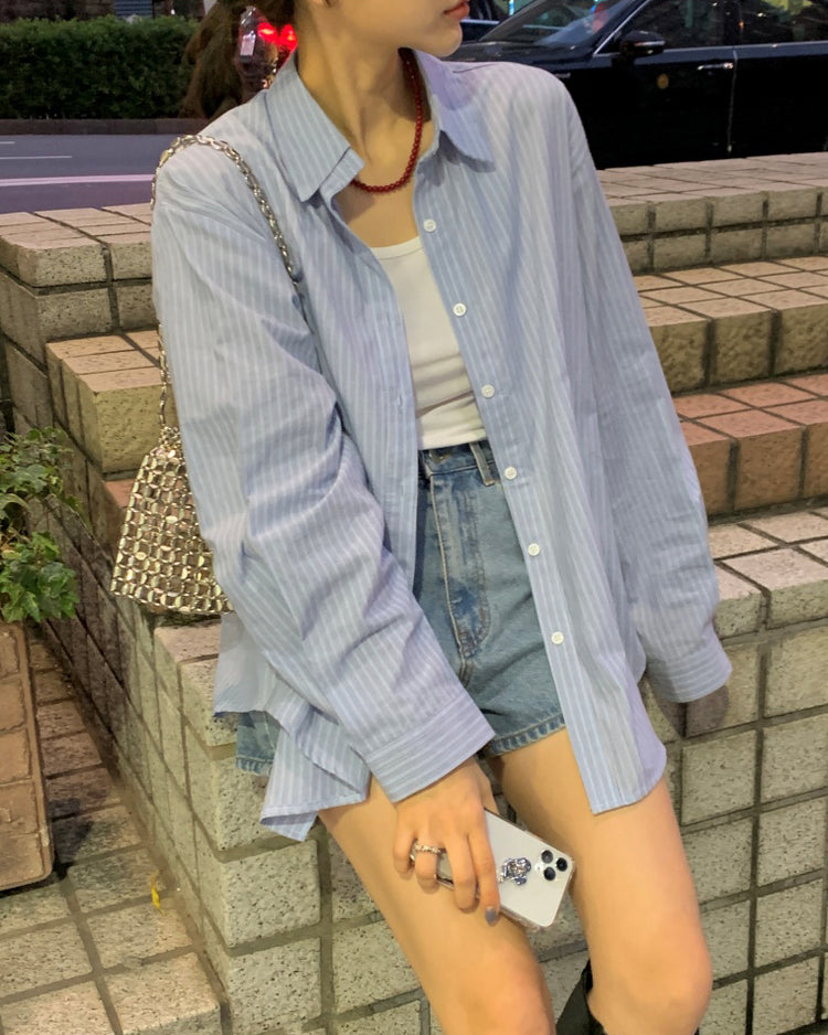 高質撞色條紋寬鬆襯衫