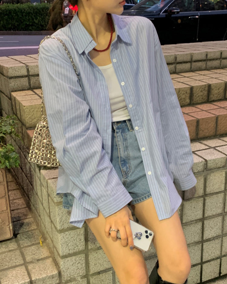 高質撞色條紋寬鬆襯衫