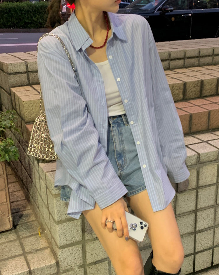 高質撞色條紋寬鬆襯衫