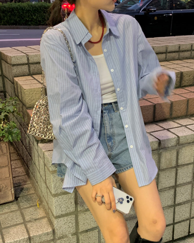 高質撞色條紋寬鬆襯衫