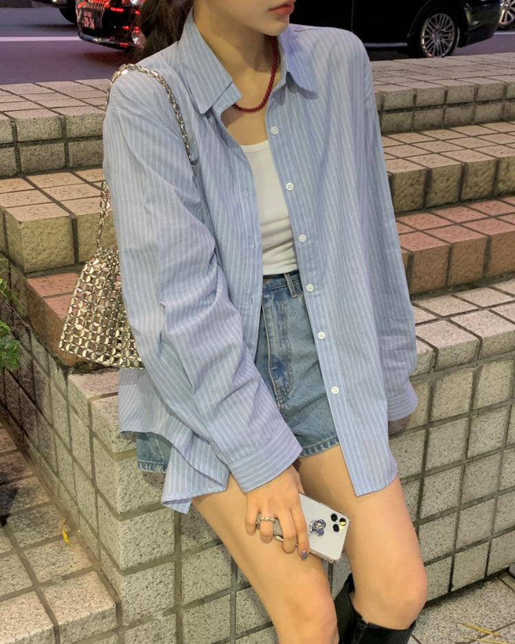 高質撞色條紋寬鬆襯衫