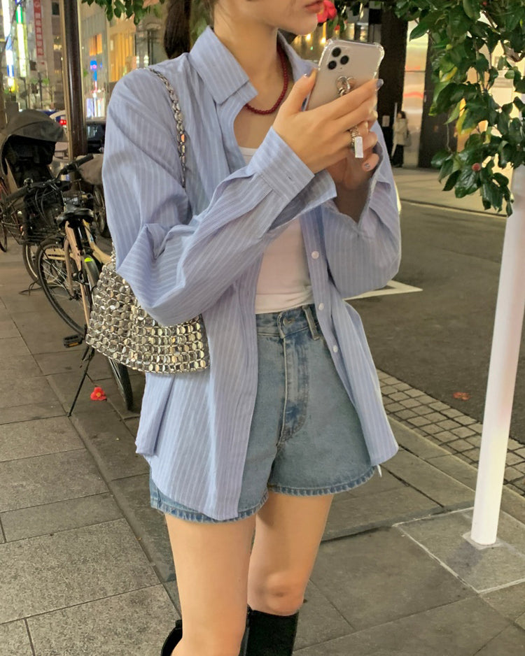 高質撞色條紋寬鬆襯衫