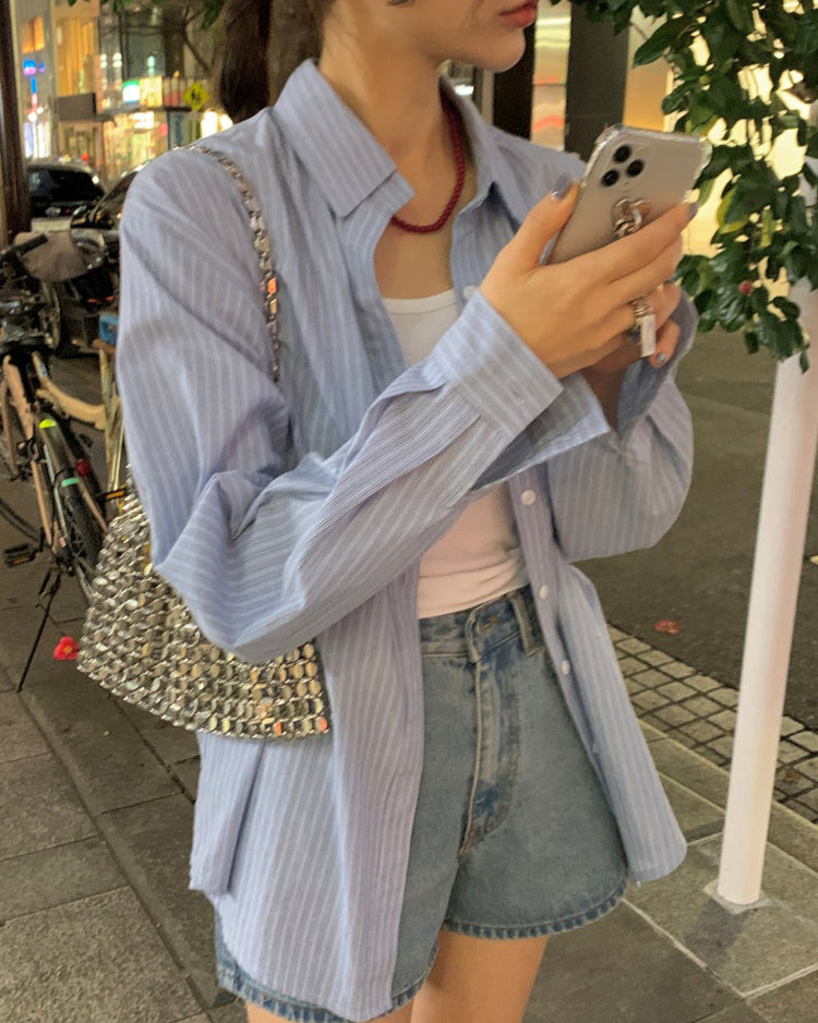 高質撞色條紋寬鬆襯衫