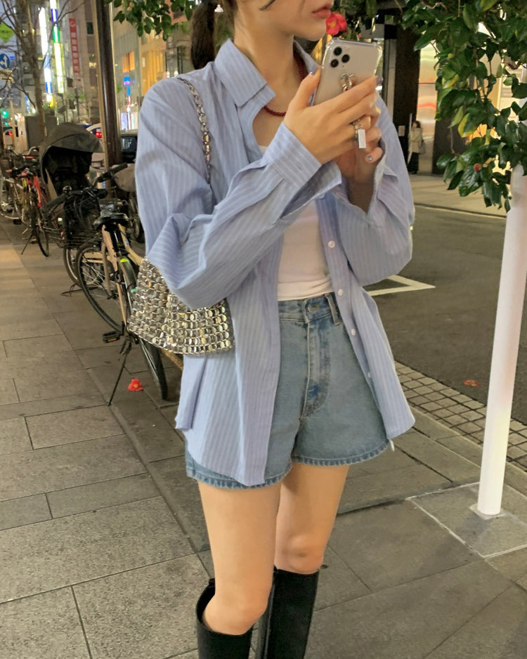 高質撞色條紋寬鬆襯衫