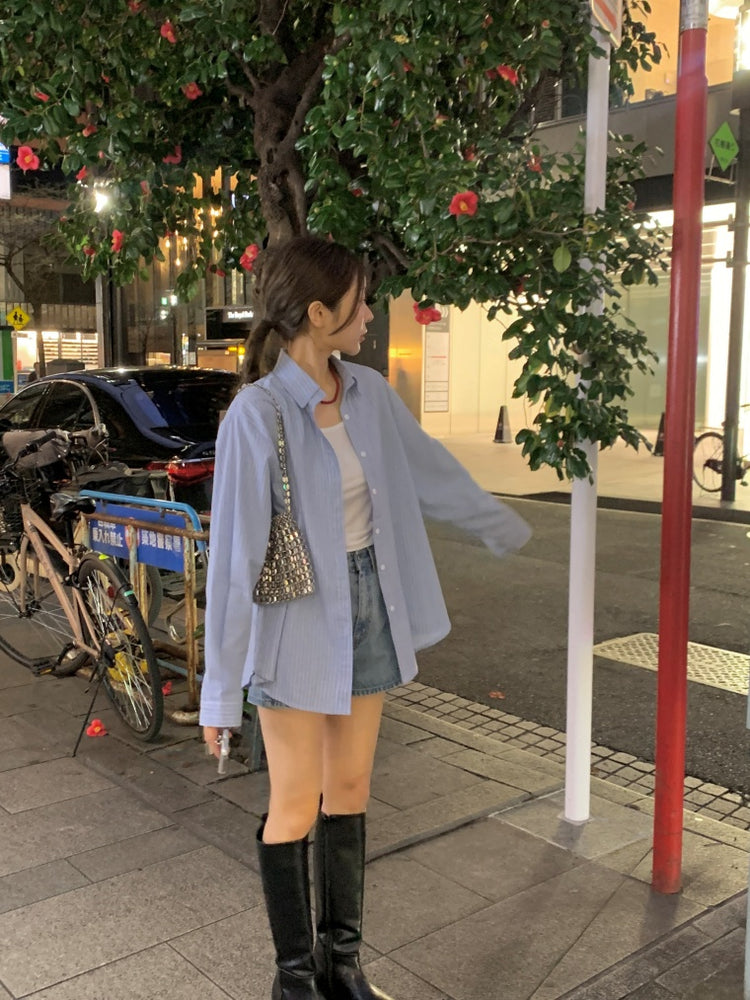 高質撞色條紋寬鬆襯衫