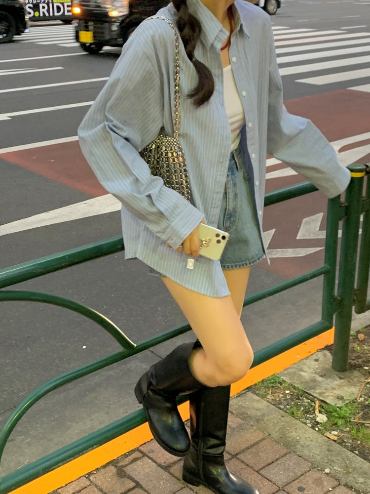 高質撞色條紋寬鬆襯衫