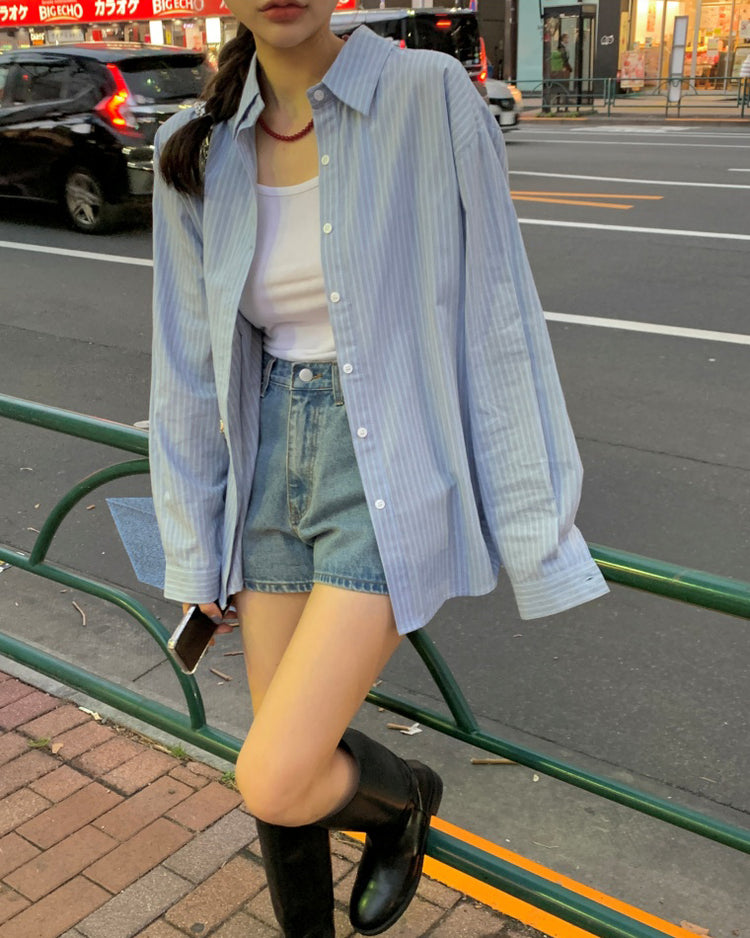 高質撞色條紋寬鬆襯衫