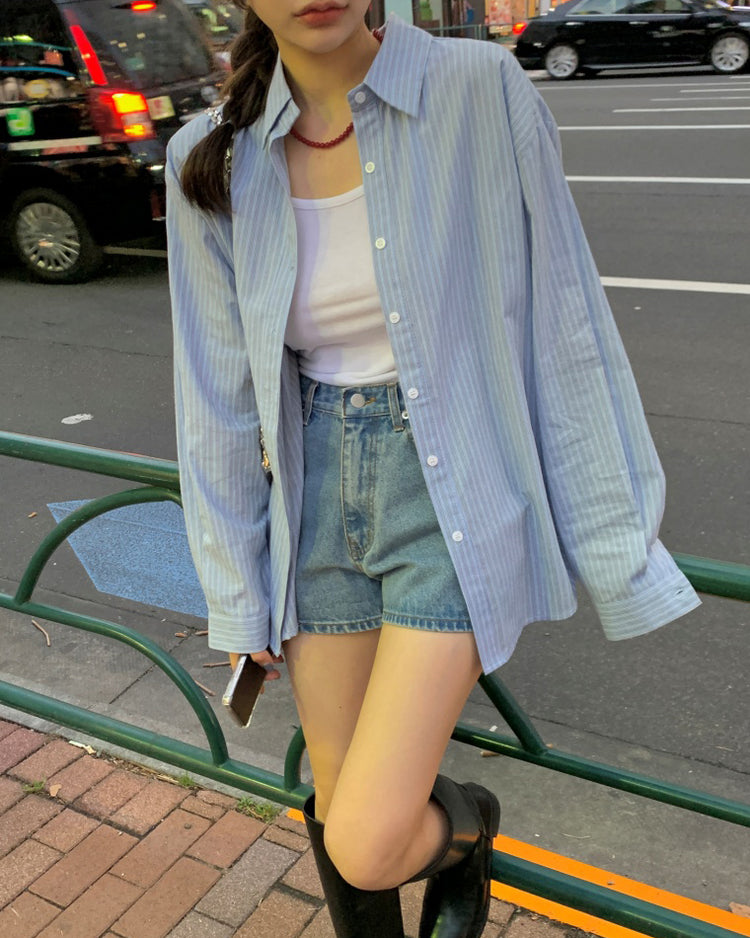高質撞色條紋寬鬆襯衫