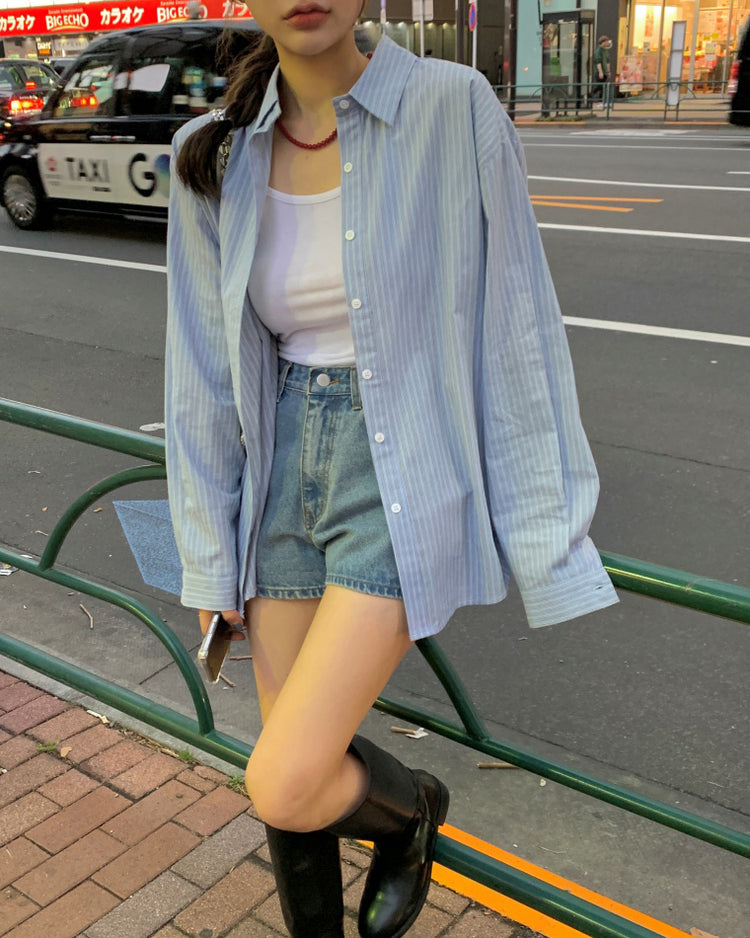 高質撞色條紋寬鬆襯衫