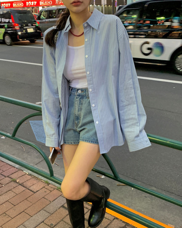 高質撞色條紋寬鬆襯衫