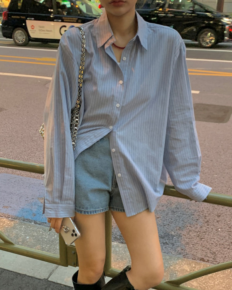 高質撞色條紋寬鬆襯衫