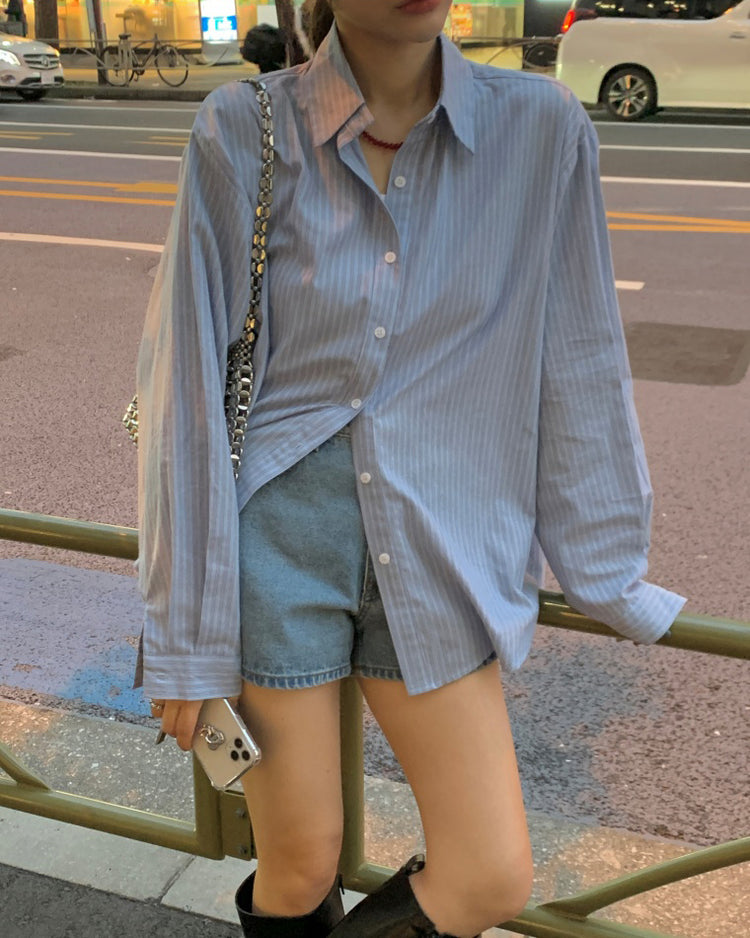 高質撞色條紋寬鬆襯衫