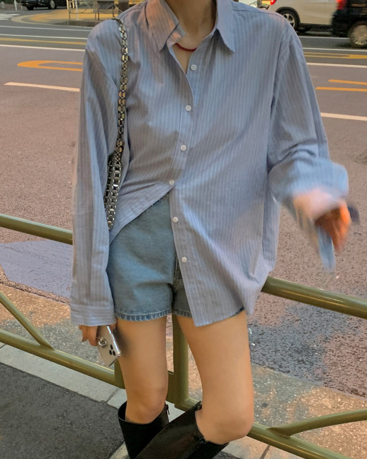 高質撞色條紋寬鬆襯衫