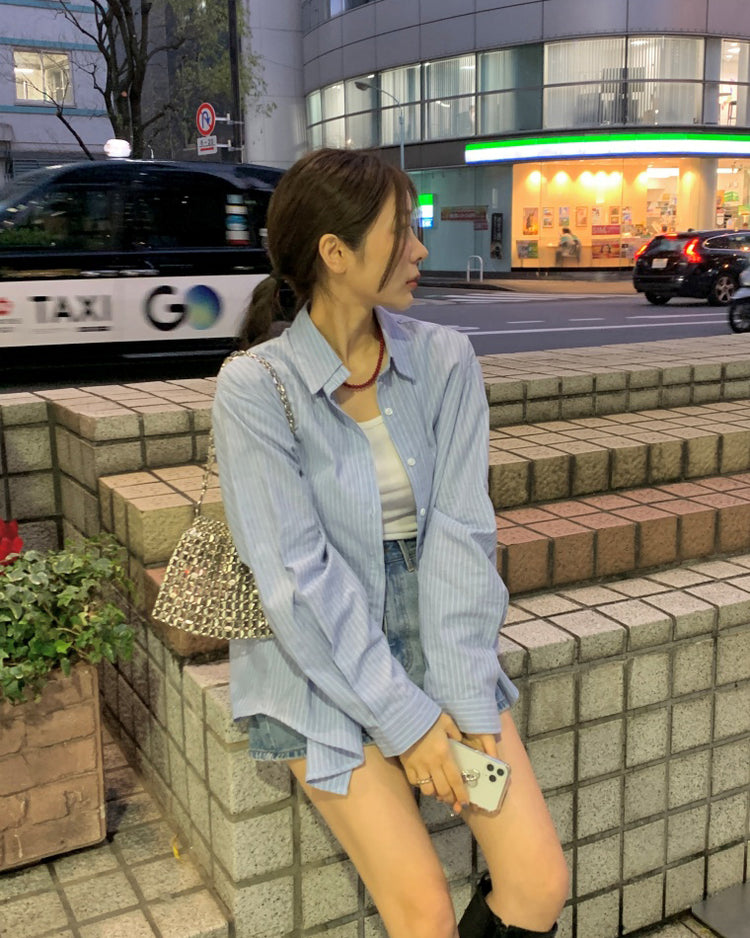 高質撞色條紋寬鬆襯衫